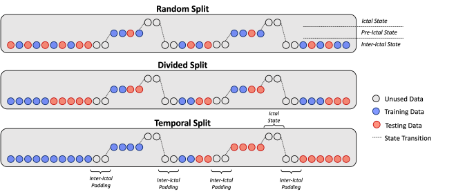 Fig 1 Illustration of data splitting strategies. RS results in proportional randomly sampled segments for training and testing sets. DS creates groups by dividing each continuous class chronologically, whereas TS chronologically divides across the entire sequence. Validation set not shown for brevity.